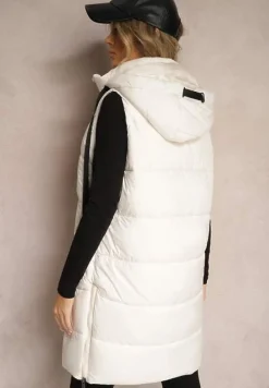 Biała Długa Kamizelka z Ozdobnym Pikowaniem i Odpinanym Kapturem Neriora