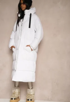 Biała Długa Kurtka Pikowana Płaszcz z Kapturem Serea