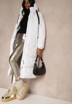 Biała Długa Kurtka Pikowana Płaszcz z Kapturem Serea