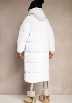 Biała Długa Kurtka Pikowana Płaszcz z Kapturem Serea