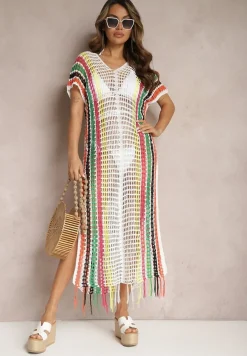 Biała Długa Szydełkowa Sukienka Narzutka na Plażę w Paski z Wycięciami i Frędzlami Liretha