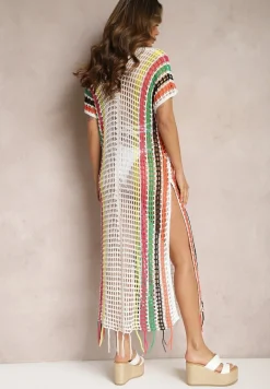 Biała Długa Szydełkowa Sukienka Narzutka na Plażę w Paski z Wycięciami i Frędzlami Liretha
