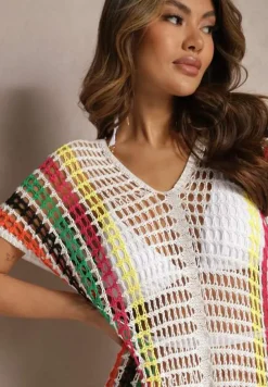 Biała Długa Szydełkowa Sukienka Narzutka na Plażę w Paski z Wycięciami i Frędzlami Liretha