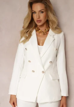 Biała Dwurzędowa Marynarka z Ozdobnymi Guzikami Rainelda