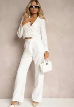 Biała Dwurzędowa Marynarka o Krótkim Kroju z Imitacjami Kieszeni Anavipa