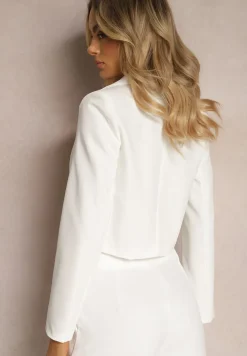 Biała Dwurzędowa Marynarka o Krótkim Kroju z Imitacjami Kieszeni Anavipa