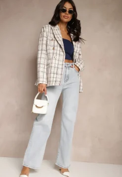 Biała Dwurzędowa Marynarka z Błyszczącą Nicią i Poduszkami na Ramionach Elilona