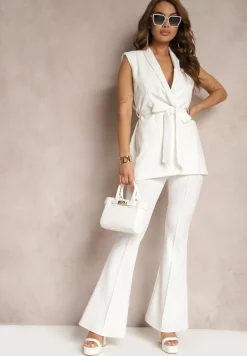 Biała Elegancka Kamizelka Stylizowana na Wiązaną Marynarkę Bez Rękawów Qirama