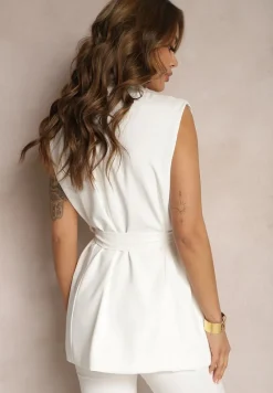 Biała Elegancka Kamizelka Stylizowana na Wiązaną Marynarkę Bez Rękawów Qirama