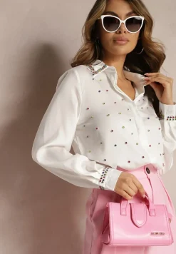 Biała Elegancka Koszula z Długim Rękawem z Błyszczącymi Ćwiekami i Cyrkoniami Ednasia