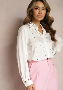 Biała Elegancka Koszula z Długim Rękawem z Błyszczącymi Ćwiekami i Cyrkoniami Ednasia