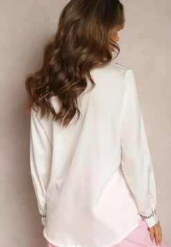 Biała Elegancka Koszula z Długim Rękawem z Błyszczącymi Ćwiekami i Cyrkoniami Ednasia