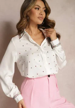 Biała Elegancka Koszula z Długim Rękawem z Błyszczącymi Ćwiekami i Cyrkoniami Ednasia