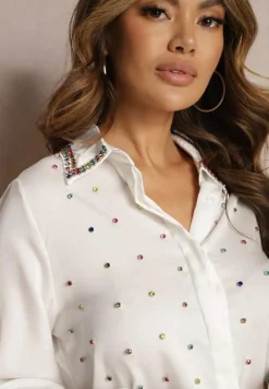 Biała Elegancka Koszula z Długim Rękawem z Błyszczącymi Ćwiekami i Cyrkoniami Ednasia