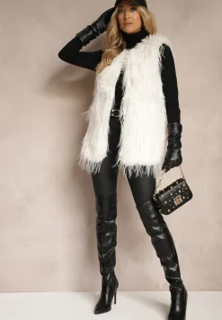 Biała Futerkowa Kamizelka o Prostym Kroju z Kieszeniami Venialith