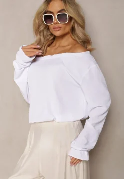 Biała Gładka Bluzka z Falbanką i Marszczeniami Seramme