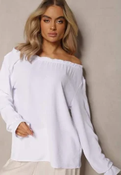 Biała Gładka Bluzka z Falbanką i Marszczeniami Seramme