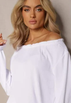 Biała Gładka Bluzka z Falbanką i Marszczeniami Seramme