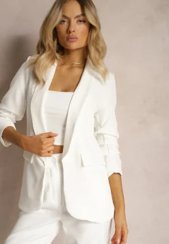 Biała Gładka Marynarka z Rękawami 7/8 i Klapami Adylia
