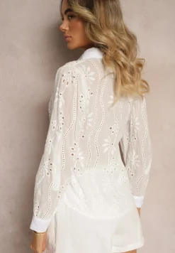 Biała Haftowana Koszula z Rękawem z Możliwością Regulowania Zapinana na Guziki Illviana