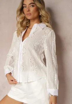 Biała Haftowana Koszula z Rękawem z Możliwością Regulowania Zapinana na Guziki Illviana