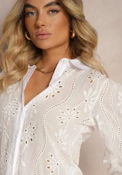 Biała Haftowana Koszula z Rękawem z Możliwością Regulowania Zapinana na Guziki Illviana