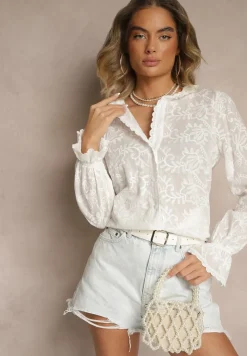 Biała Haftowana Koszula z Bawełny z Koronką Natraviela
