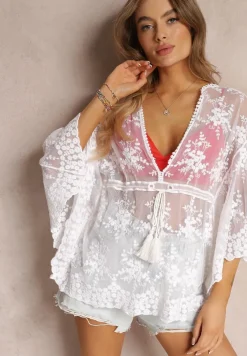 Biała Haftowana Narzutka przez Głowę z Szerokimi Rękawami i Sznurkiem w Pasie Timatia