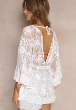 Biała Haftowana Narzutka przez Głowę z Szerokimi Rękawami i Sznurkiem w Pasie Timatia