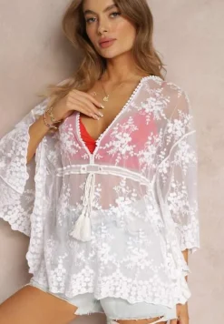 Biała Haftowana Narzutka przez Głowę z Szerokimi Rękawami i Sznurkiem w Pasie Timatia
