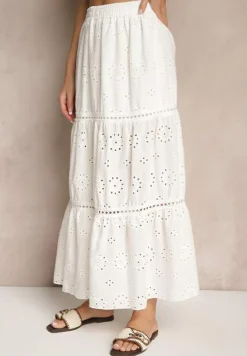 Biała Haftowana Spódnica z Bawełny o Rozkloszowanym Kroju Fevarine