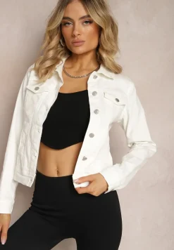 Biała Jeansowa Kurtka z Bawełny z Guzikami i Kieszeniami Ainztia