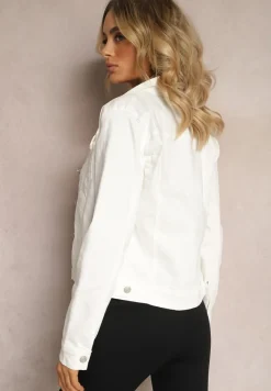 Biała Jeansowa Kurtka z Bawełny z Guzikami i Kieszeniami Ainztia
