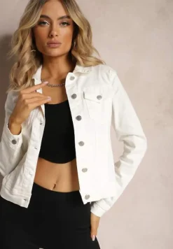 Biała Jeansowa Kurtka z Bawełny z Guzikami i Kieszeniami Ainztia