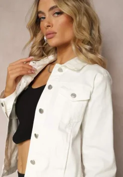 Biała Jeansowa Kurtka z Bawełny z Guzikami i Kieszeniami Ainztia