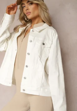 Biała Jeansowa Kurtka z Bawełny z Metalicznym Guzikami Urielati