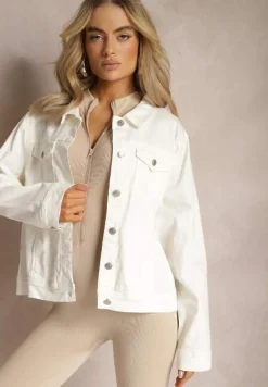 Biała Jeansowa Kurtka z Bawełny z Metalicznym Guzikami Urielati
