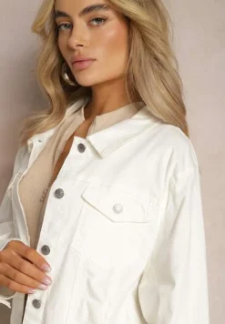 Biała Jeansowa Kurtka z Bawełny z Metalicznym Guzikami Urielati