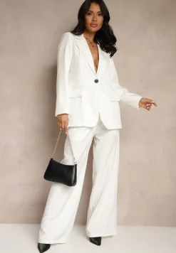 Biała Jednorzędowa Marynarka o Klasycznym Kroju Zdobiona Imitacją Kieszeni Zenzeri