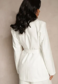 Biała Jednorzędowa Marynarka o Taliowanym Fasonie z Wiązanym Paskiem Daviritte