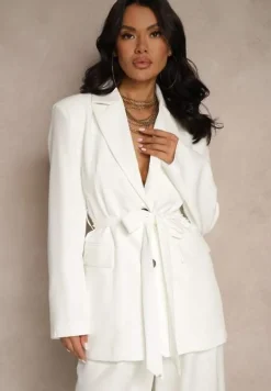 Biała Jednorzędowa Marynarka o Taliowanym Fasonie z Wiązanym Paskiem Daviritte