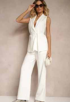 Biała Kamizelka Garniturowa z Paskiem Viviselle