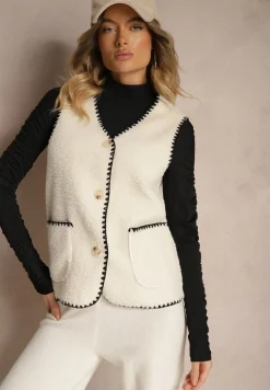 Biała Kamizelka na Guziki Ozdobiona Haftem i Kieszeniami Ediawen