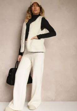 Biała Kamizelka na Guziki Ozdobiona Haftem i Kieszeniami Ediawen