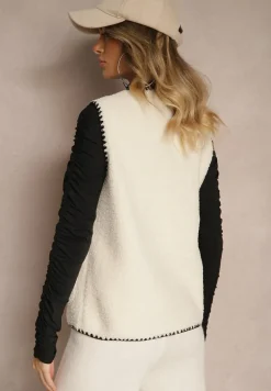 Biała Kamizelka na Guziki Ozdobiona Haftem i Kieszeniami Ediawen