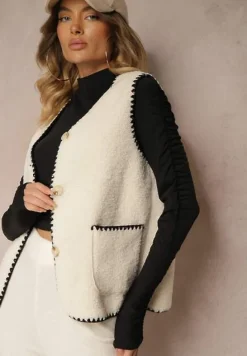 Biała Kamizelka na Guziki Ozdobiona Haftem i Kieszeniami Ediawen