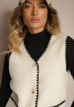 Biała Kamizelka na Guziki Ozdobiona Haftem i Kieszeniami Ediawen