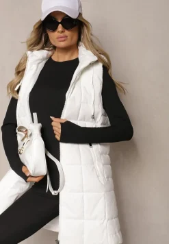 Biała Kamizelka Ozdobiona Pikowaniem i Odpinanym Kapturem Atoria