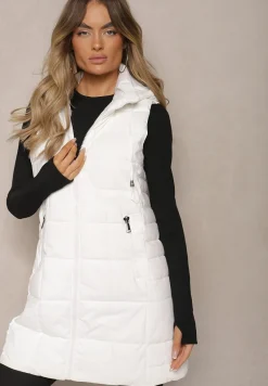 Biała Kamizelka Ozdobiona Pikowaniem i Odpinanym Kapturem Atoria