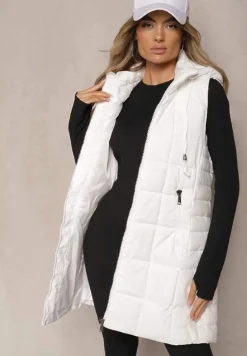 Biała Kamizelka Ozdobiona Pikowaniem i Odpinanym Kapturem Atoria